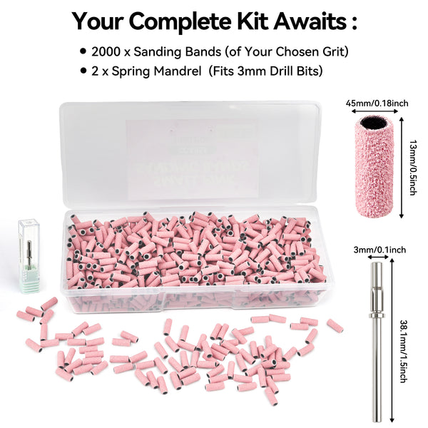 2000 PCS Sanding Bands Bulk - Coarse/Medium/Fine 3 Grits 3mm Nail Drill Bits | Includes 1 Mandrel | Salon Manicure Tools | USA Stock