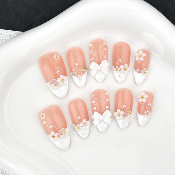 FOOTNICE Handmade Salon-Grade Press-On Nails Set, 3D Floral French Tip Almond Shape, Reusable Complete Manicure Kit with Storage Box & Nail Tools