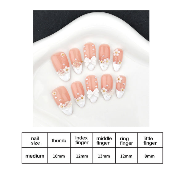 FOOTNICE Handmade Salon-Grade Press-On Nails Set, 3D Floral French Tip Almond Shape, Reusable Complete Manicure Kit with Storage Box & Nail Tools